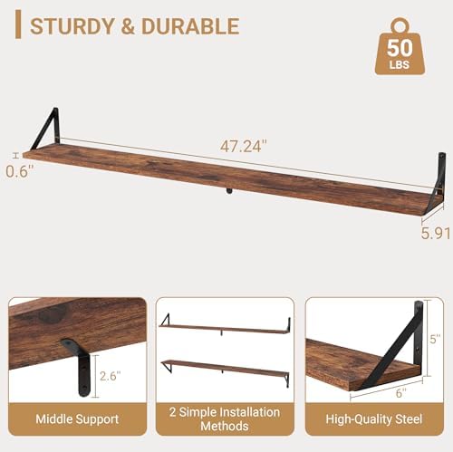Heimlove 48 Inch Large Wall Bookshelves Set of 3, Wall Mounted Bookshelves,Heavy Duty Wooden Shelves for Living Room,Bed