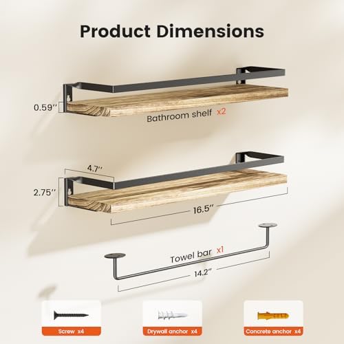 Amada Bathroom Shelves with Towel Bar, Set of 2, Light Brown
