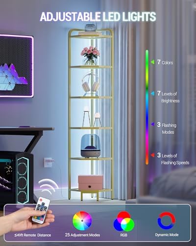 Hzuaneri Corner Shelf with LED Lighting, 6-Tier Glass Bookshelf