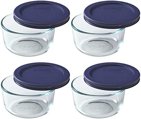 Pyrex 7202 (1-Cup) Glass Bowl with Dark Blue Lid (4-Pack) - Made in USA