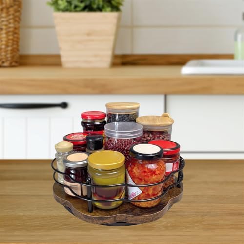 2 Pack, 11" & 12" Wooden Lazy Susan Turntable with Higher Metal Sides, 360° Rotating Lazy Susan Organization and Storage