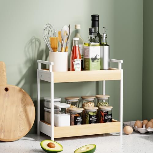KLM Countertop Coffee Station Organizer, 2 Tier Wooden Shelf for Coffee Bar Accessories, Condiment Storage Caddy for Kit