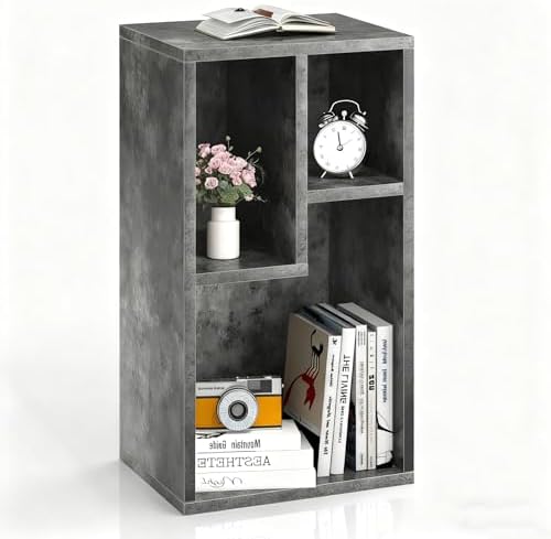 VECELO Small Gray Bookshelf, Freestanding 3 Open Cubby Storage Cabinet with Uneven Compartments, Thickened Board, Fits L