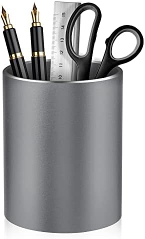 Desk Pen Holder, Pencil Cup, Pen Organizer for Desk—Metal Pencil Holder, Pen Cup, and Storage Box for the Office, Home, and—Non-slip Silicone Base—3.93 × 3.14 inches (Gray)