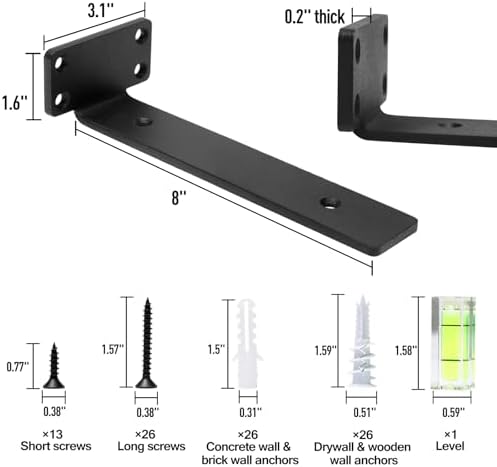 HITOMEN Heavy Duty Floating Shelf Brackets, 8-Inch (1/5'' Thick) Hidden Shelves Hardware, Iron L Brackets, Rustic Indust