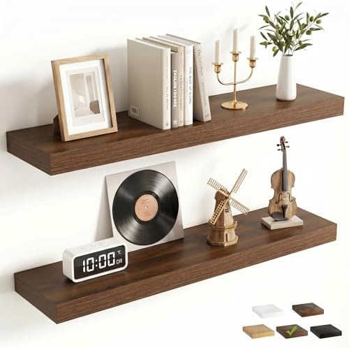 FLYJOE 27.5 Inch Floating Shelves for Wall Set of 2, 6.5" D Wood Grain Bathroom Shelves with Invisible Brackets, Easy Install Engineered Wood Storage Shelves for Kitchen, Living Room, Bedroom