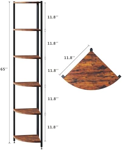 Corner Shelf with LED Lights, 6-Tier Corner Bookshelf, 66'' Organizer Book Shelf Shelves Steel Frame Display Stand with 