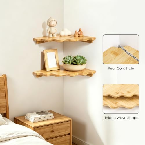 Fantasyon Corner Floating Shelf Wall Mount, Set of 2 Floating Corner Shelves, Bamboo Wood Corner Hanging Shelves with Co