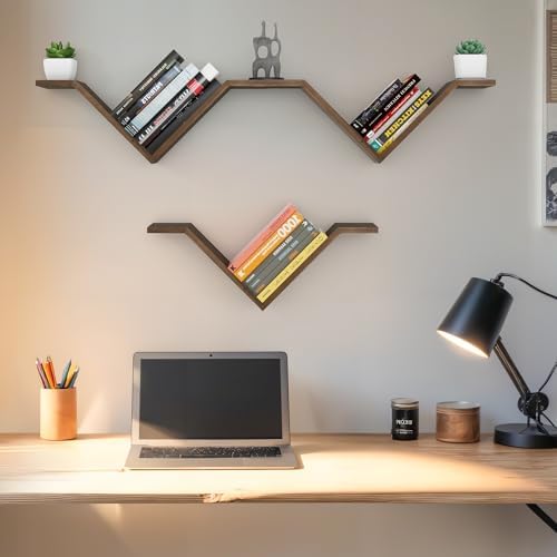 Walnut Book Shelves for Wall, Modern Hanging Bookshelf Set of 2