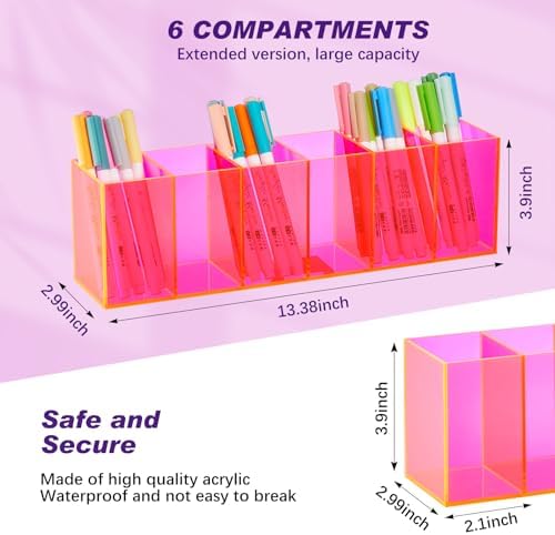 Jetec 6 Compartments Acrylic Pen Holder, Pencil Makeup Brush Holder, Pink