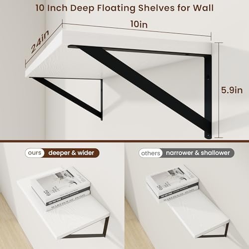 Axeman Deep Floating Shelves, 24'' x 10'' White Wall Shelves Set of 2