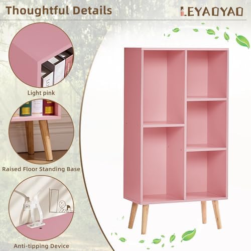 LEYAOYAO 5 Cube Bookshelf,Mid-Century Modern Bookcase with Legs,Light Pink