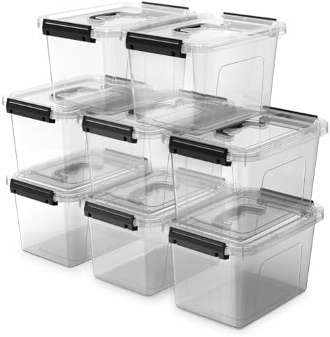 8-Pack Storage Latch Bins with Lids/Handle, 5 Quart Clear Plastic Latching Organize Box, Stackable Storage Containers fo
