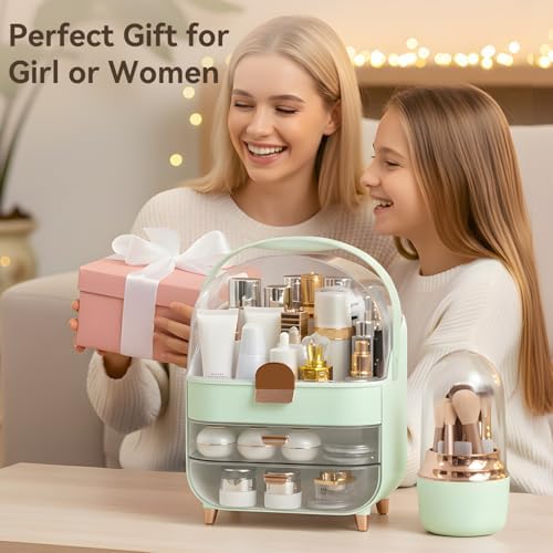 Makeup Organizer for Vanity with Brush Holder, Lid and 2 Drawers, Green