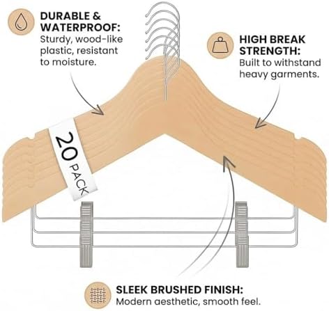 USTECH Durable Plastic Hangers 20 Pack | Slim Heavy Duty Wood-Like Design wth Adjustable Clips | Non Slip Hangers with A