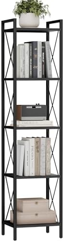 Homhedy 5 Tier Small Bookshelf, Tall Narrow Bookcase, Metal Book Shelf
