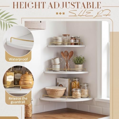 Novabright Corner Floating Shelf Set of 3 White & Gold Wood 9/10/12 in