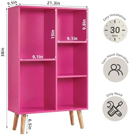YAHARBO Small Pink Bookshelf,3 Tier Modern Kids Bookcase with Legs,5 Cube Wooden Bookshelves Storage Shelf,Book Shelves 