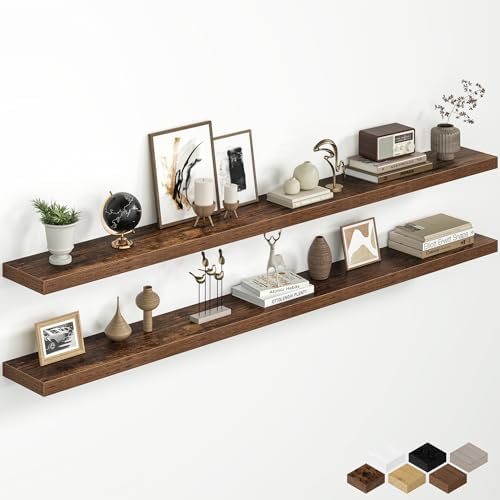 72 Inch Floating Shelves for Wall, Rustic Wood Wall Mounted Deep Storage Shelves with Invisible Brackets, Panoramic Deco