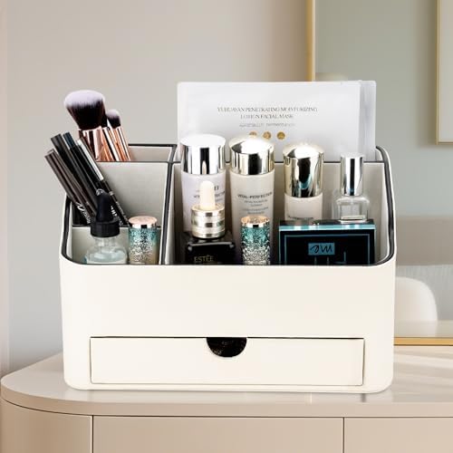 KINGFOM PU Leather Makeup Organizer with Drawer, Skincare Organizer for Vanity, Cosmetic Storage for Dresser Countertop,