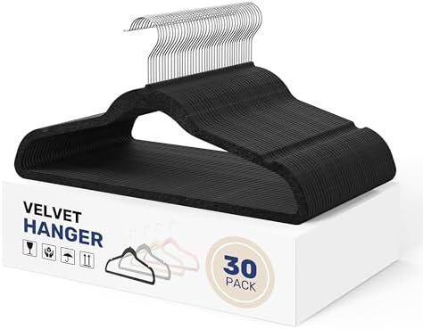 YSSOA 30 Packs Velvet Hangers, Non Slip Space Saving Suit Hangers, Heavy Duty Clothes Hangers with 360° Rotatable Hook for Coats, Pants, Black