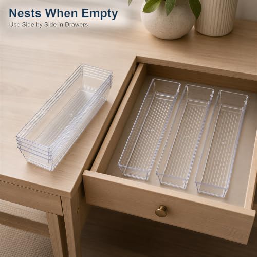 Kingrol 10 Pack Clear Narrow Tapered Drawer Organizer Trays, 12 x 3 x 2 in