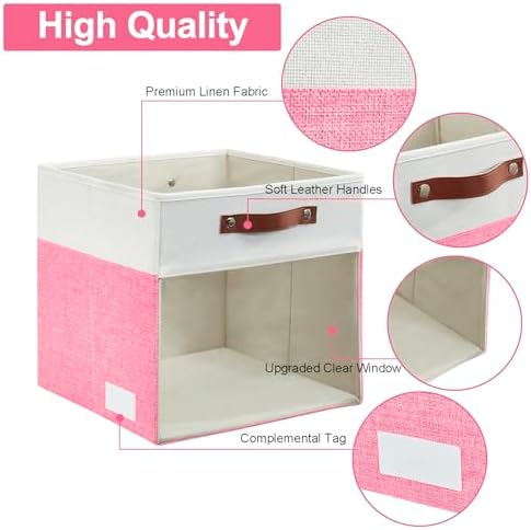 Bagnizer Storage Cubes, 4 Pack Linen Foldable Storage Bins (13 x 13 inch) with Clear Window and Handles, Fabric Organizer for Shelf Closet, Clothes, Books - (Pink and White)