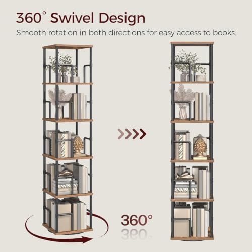 MAHANCRIS 5-Tier Rotating Bookshelf, Freestanding Corner Bookshelf, 360° Spinning Bookcase, Industrial Style Storage Rac