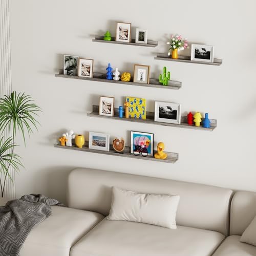 Lyeasw Rustic Grey Floating Shelves for Wall 24 Inch Long, Set of 5 Tiered-Depth Wall Shelves, Picture Ledge Shelf for L