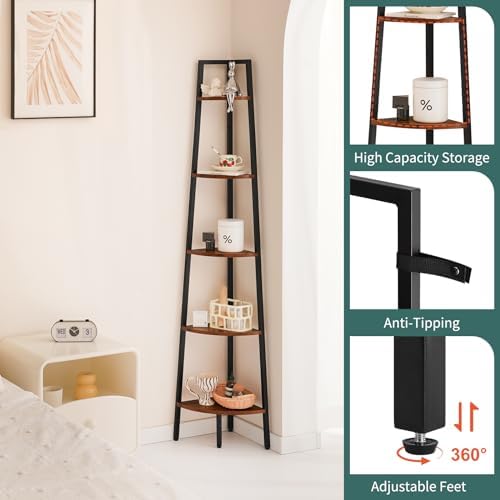 Yoobure 5-Tier Corner Shelf Stand- 67.5" Tall Corner Bookshelf with Metal Frame, Industrial Ladder Corner Shelves Displa