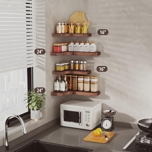 SAUMONIERES Corner Floating Shelves 24 Inch Wall Mount Shelf Solid Wood for Bedroom Bathroom Kitchen Storage Set of 2, R