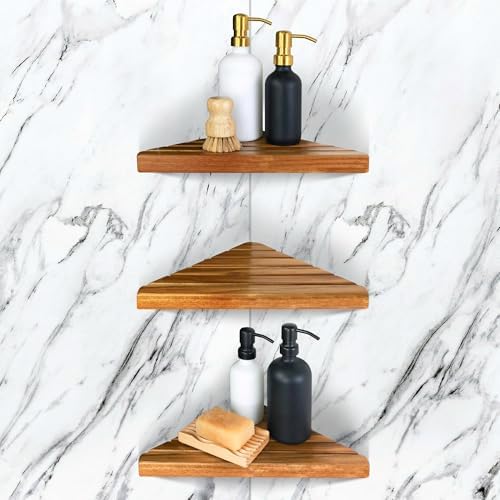ENKEZI Acacia 2,3 Tiers Corner Shower Shelf, Triangular Corner Shelf Wooden Bathroom Shelf for Tiled Wall, Shower Corner