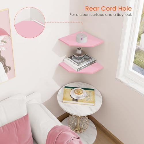 Homode Corner Floating Shelves, Corner Wall Shelf with Cord Hole, 2 Tier Wood Hanging Corner Shelf for Bathroom, Bedroom