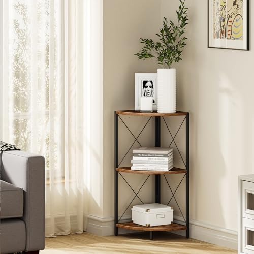 Snughome Corner Shelf with Metal Frame, 3 Tier Rustic Corner Storage Organizer, Freestanding Corner Bookshelf Stand Disp