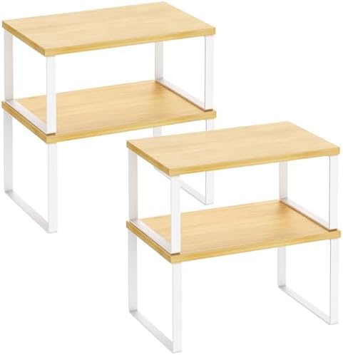 Kitchen Cabinet Organizer Shelf Set of 4, Sturdy Kitchen Counter Shelves with Metal Legs, Stackable Expandable Wood Spic