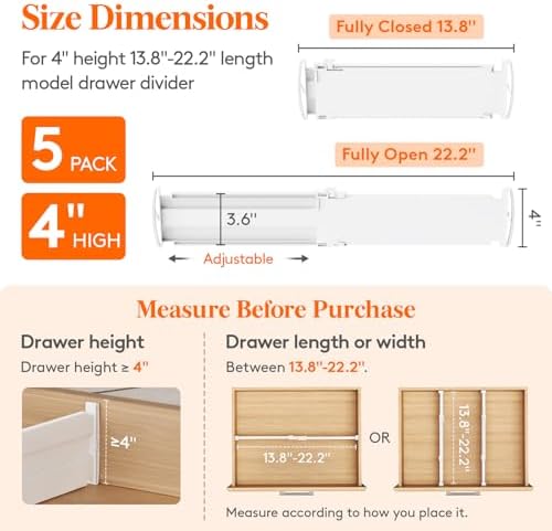 Lifewit 5 Pack 4" High Drawer Dividers, Adjustable Drawer Organizer Clothes