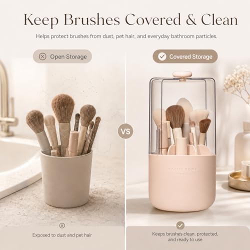 EACHY Makeup Brush Holder with Lid, 360° Rotating Vanity Organizer for Brushes, Dustproof Cosmetic Display Case, 7 Compa