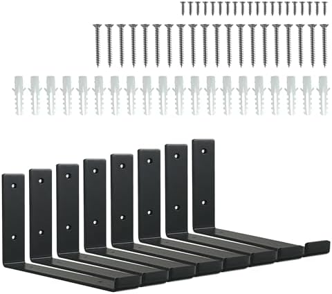 HEART ART Black Shelf Bracket 8 inch, J Metal Heavy Duty Shelf Support Brackets 8 Pack，8.3" L×4" H×1.5" W.