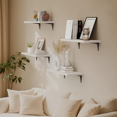SKYSEN Floating Shelves for Wall Set of 6, 15.7in Wood Wall Shelf for Decor, Bathroom, Bedroom, Storage, Book,Kitchen, L