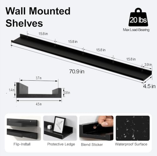 Black Floating Shelves for Wall Decor, 71 in Shelf with Lip, 2 Set