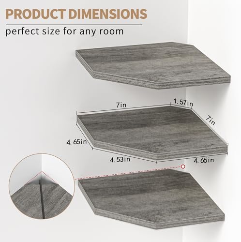Fun Memories Corner Shelf Wall Mount, Floating Corner Shelves, Set of 3 Corner Wall Shelf Organizer, Rustic Wood Wall St