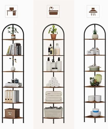 Homhedy 6-Tier Arched Corner Shelf Stand, Wall Corner Bookshelf