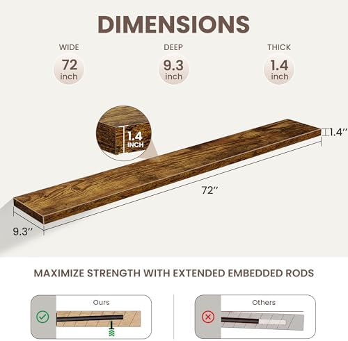 72 Inch Floating Shelves for Wall Set of 1,9.3" Deep Wall Shelves,Rustic Wood Wall Mounted Book Shelves with Invisible B