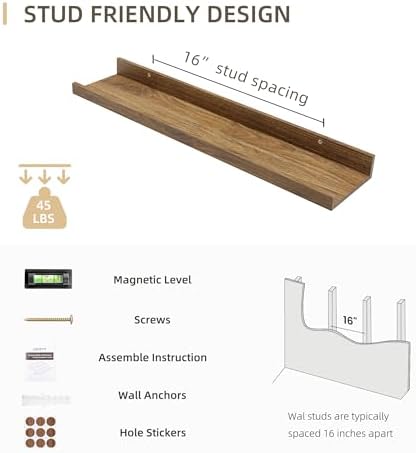 Acovy 24 inch Picture Ledge Shelf, Wood Floating Shelves Set of 4, Walnut