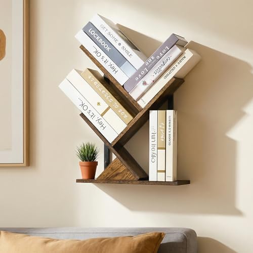 3-Tier Tree Book Shelves for Wall, Small Wall Mounted Shelves, Unique Hanging Bookshelf Storage Rack, Floating Bookshelv