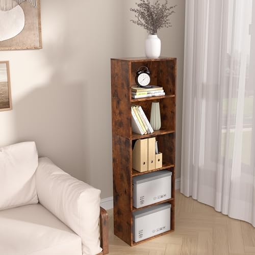 Wooden 5 Cube Storage Organizer, Vintage Brown 5 Tier Bookcase Bookshelf Freestanding Storage Display Organizer,Versatil