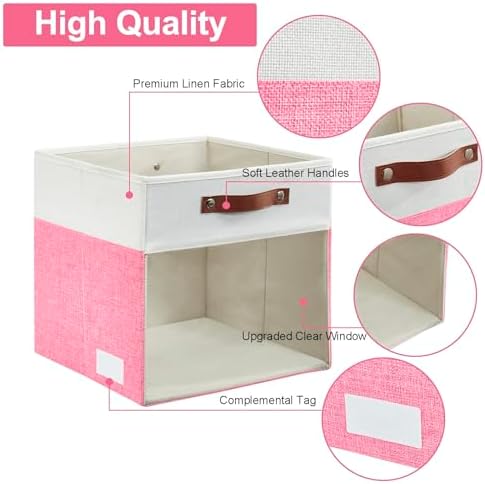 Bagnizer Storage Cubes, 4 Pack Linen Foldable Storage Bins with Clear Window and 2 Handles, 13x15x13 Storage Cube Bins for Shelf Closet, Kallax, Clothes, Books - (Pink / Off-White)