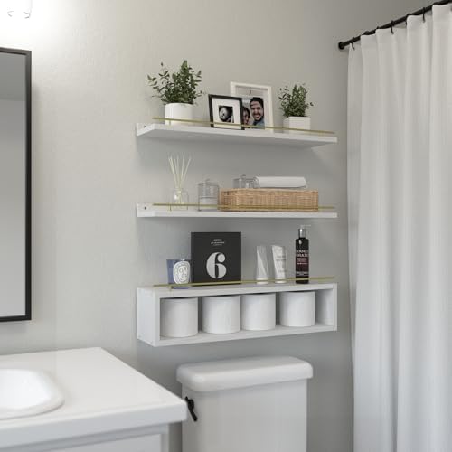 WOPITUES Floating Shelves for Wall 24 inch with Cube Shelf, Wall Shelves with Metal Rail for Decor, Bathroom Organizers 