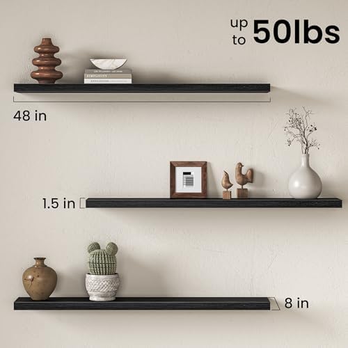 48" Floating Shelves for Wall, Set of 2, 8" Deep, 1.5" Thick, Black