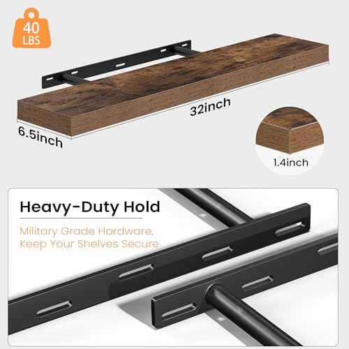 32 Inch Floating Shelves for Wall, Wood Wall Mounted Deep Storage Shelves with Invisible Brackets, Large Decorative Disp